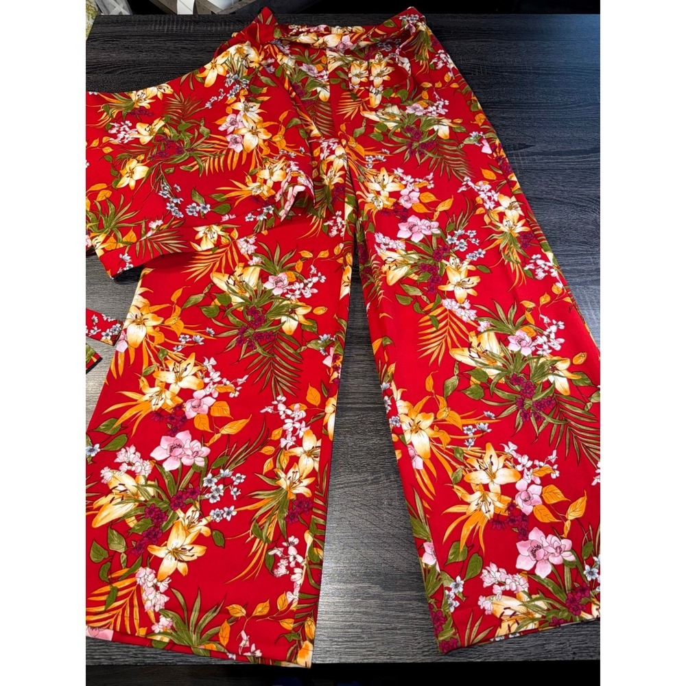 E & M Womens Red Tropical Floral 2 Piece Set Crop Top Wide Leg Pants Size Small